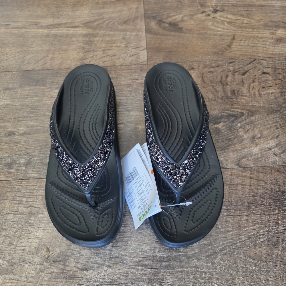 Crocd Black Glitter Sandals Women 7